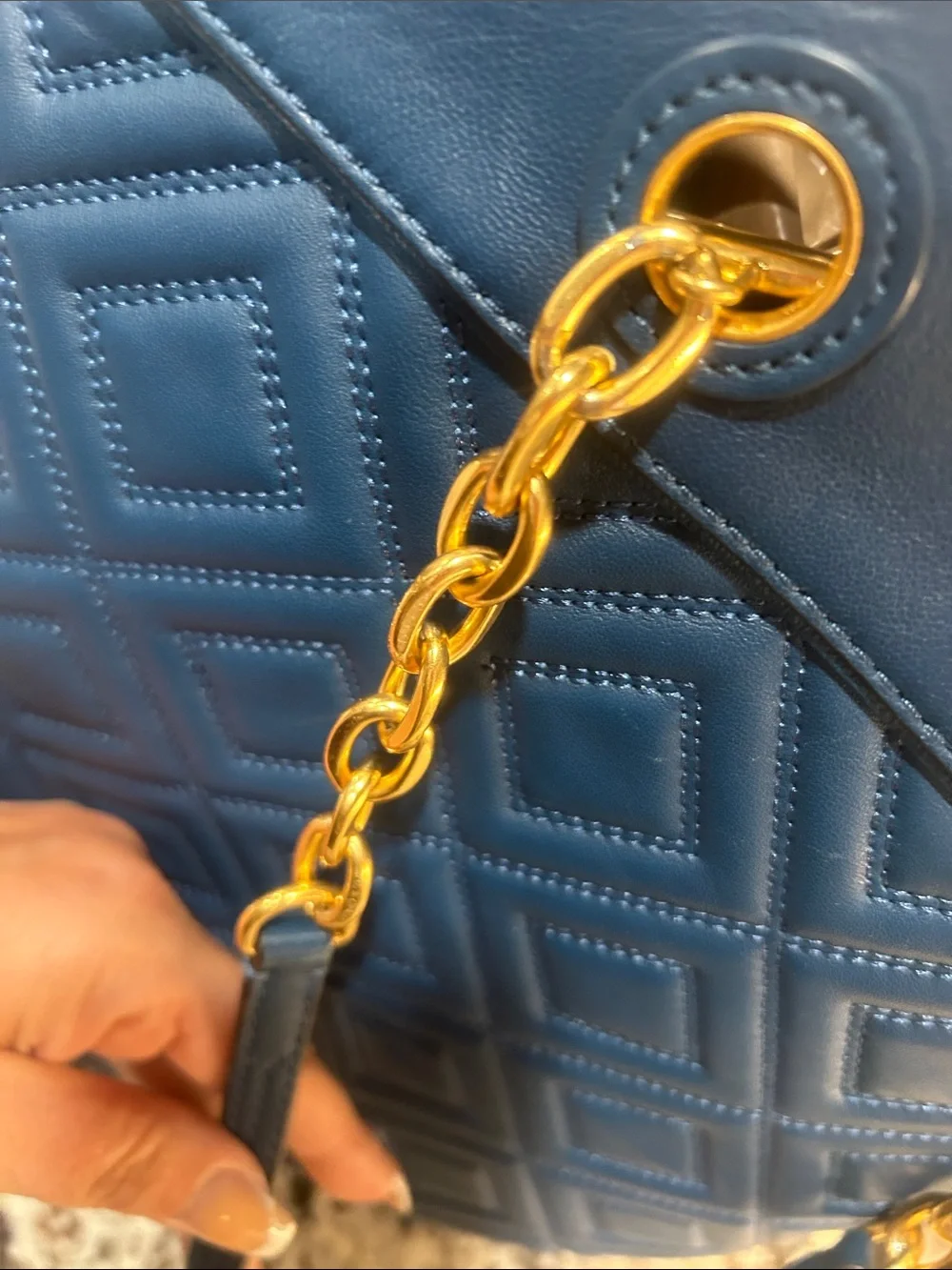 Tory Burch Quilted Navy Leather Tote with Gold Chain Handles GUC